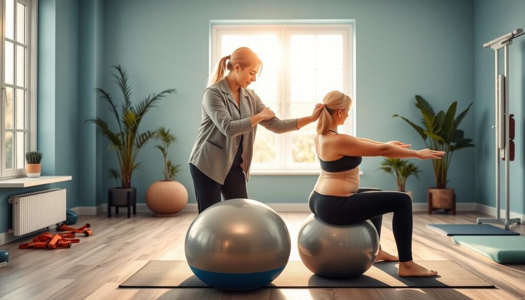 A serene physiotherapy clinic setting focused on women's health, featuring a professional female physiotherapist in a modest, casual outfit demonstrating core stabilization exercises to a client, who is also dressed in professional, comfortable attire. The foreground shows the therapist guiding the client through a gentle exercise on a large exercise ball, emphasizing pelvic alignment and core engagement. In the middle, soft natural light filters through large windows, casting a warm glow over the room, which is equipped with various physiotherapy tools like resistance bands and exercise mats. The background features calming blue and green tones, promoting a peaceful atmosphere, with potted plants adding a touch of nature. The overall mood is comforting, encouraging and empowering, suitable for a professional women's health context.