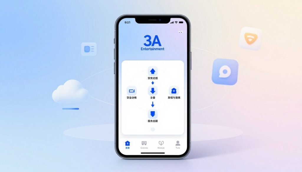 A sleek, modern smartphone displayed prominently in the foreground, showcasing the 3A Entertainment logo on its screen. The middle layer features a step-by-step visual flow chart of the download and installation process for the app, with clear icons and arrows guiding the viewer's eye. In the background, a soft gradient suggests a digital environment, with abstract elements like cloud storage and app icons, creating a tech-savvy atmosphere. Bright, even lighting highlights the phone, while subtle shadows provide depth. The mood is professional and informative, aimed at readers seeking optimization in mobile app installations. No text, captions, or watermarks are included in the image.