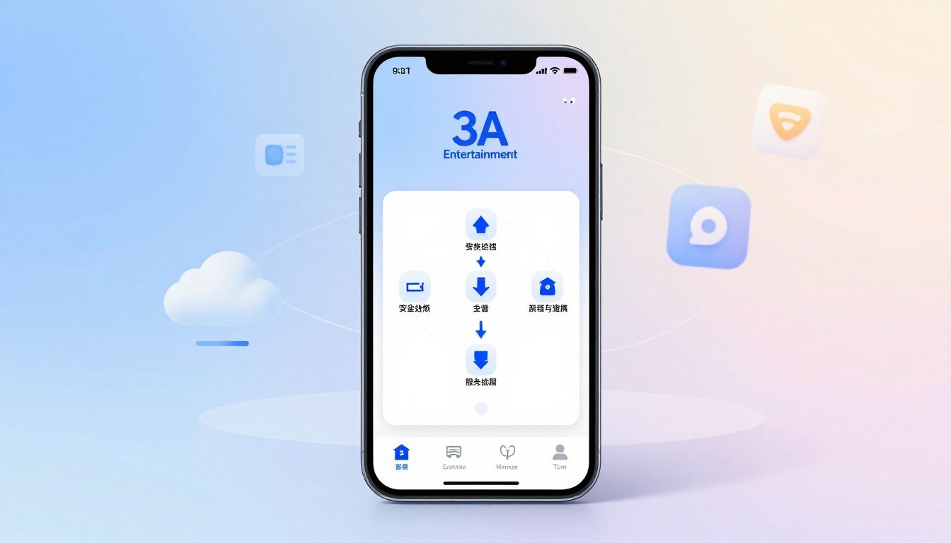 A sleek, modern smartphone displayed prominently in the foreground, showcasing the 3A Entertainment logo on its screen. The middle layer features a step-by-step visual flow chart of the download and installation process for the app, with clear icons and arrows guiding the viewer's eye. In the background, a soft gradient suggests a digital environment, with abstract elements like cloud storage and app icons, creating a tech-savvy atmosphere. Bright, even lighting highlights the phone, while subtle shadows provide depth. The mood is professional and informative, aimed at readers seeking optimization in mobile app installations. No text, captions, or watermarks are included in the image.