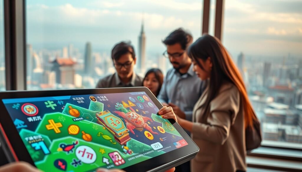 A visual representation of a Taiwanese gaming interface showcasing the integration of local language and cultural elements. In the foreground, a close-up of a sleek, modern touch-screen device displaying vibrant game graphics filled with traditional Taiwanese symbols and localized text. The middle ground features a professional, casually dressed team of diverse individuals engaged in a brainstorming session, analyzing how to adapt gaming terminologies to local preferences. In the background, a large window reveals a cityscape of Taipei, with cultural landmarks. Soft, ambient lighting creates an inviting atmosphere, while a shallow depth of field blurs the details outside, focusing on the team’s collaborative spirit and innovation. The overall mood is dynamic and inspirational, emphasizing unity in diversity within the gaming culture.