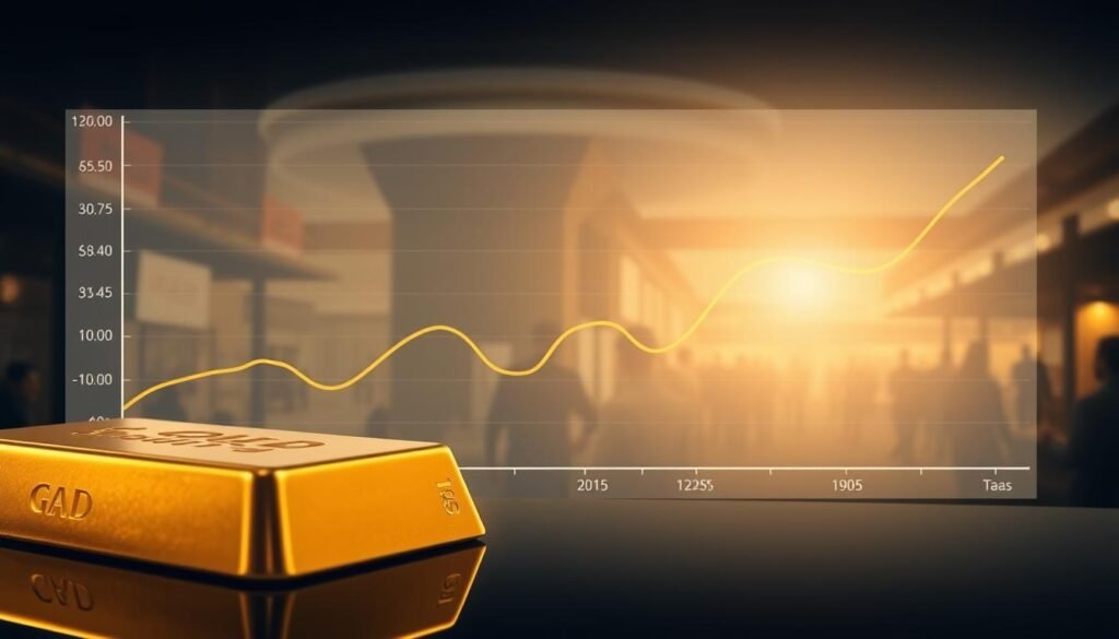 A visually striking illustration showcasing the historical fluctuations of gold prices, specifically depicting the highest price per tael. In the foreground, a detailed close-up of an elegant gold bar, reflecting a warm glow under soft lighting. The middle ground features a stylized line graph, smoothly curving with distinct peaks and troughs, representing significant price changes over time, complemented by subtle gold coin imagery. In the background, a faint silhouette of a bustling marketplace, hinting at economic activity, adds depth. The atmosphere is professional and analytical, with a focus on clarity and insight. The overall composition should evoke a sense of importance and sophistication, ideal for an insightful article on market trends. No text or overlays present.