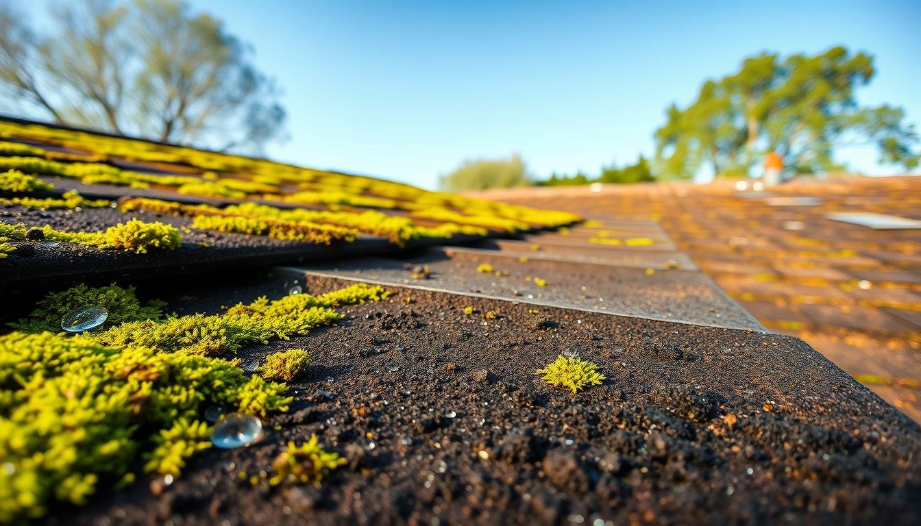 A close-up view of flat roofing sheets covered in vibrant green moss and dark algae, showcasing the texture of the materials. The foreground features sections of the roofing where the moss growth is particularly thick, with dew drops glistening on the surface to reflect morning light. The middle ground captures a slight pitch of the roof, emphasizing the accumulation of moisture that fosters algae. In the background, a clear blue sky contrasts with the lush greenery from nearby trees, hinting at a natural setting. The scene is softly illuminated by warm daylight, creating a serene yet slightly neglected atmosphere, ideal for illustrating common roofing issues. High angle, wide lens shot enhances the detailed examination of the roofing surface.