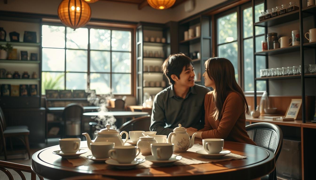 A cozy tea shop in Taichung features a beautifully arranged table with an elegant tea set, including delicate porcelain cups and a steaming teapot. The foreground highlights a couple enjoying a romantic moment, dressed in modest yet stylish casual clothing, engaged in conversation. Soft, warm lighting bathes the scene, creating an inviting and intimate atmosphere. In the middle, shelves lined with various teas and artisan goods create a charming backdrop. Beyond, large windows allow gentle sunlight to filter in, illuminating the lush greenery outside. This image captures the unique charm of Taichung's designated tea experiences, ideal for couples seeking connection and tranquility, all framed in a cinematic 4:3 aspect ratio.
