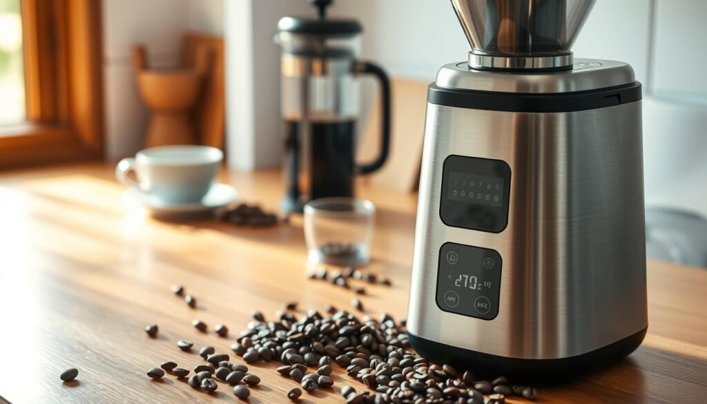 A high-quality electric coffee grinder (磨豆機) prominently featured in the foreground, showcasing its sleek metallic design and modern digital interface. The grinder is placed on a polished wooden kitchen counter, surrounded by scattered coffee beans, highlighting its purpose. In the middle ground, a blurred coffee brewing setup is visible, with a French press and a steaming cup of coffee, creating a warm and inviting atmosphere. The background features soft, natural light filtering through a window, casting gentle shadows and enhancing the textural details of the grinder's surface. The overall mood is one of sophistication and industry, emphasizing the technological advancements in high-end coffee grinding equipment.