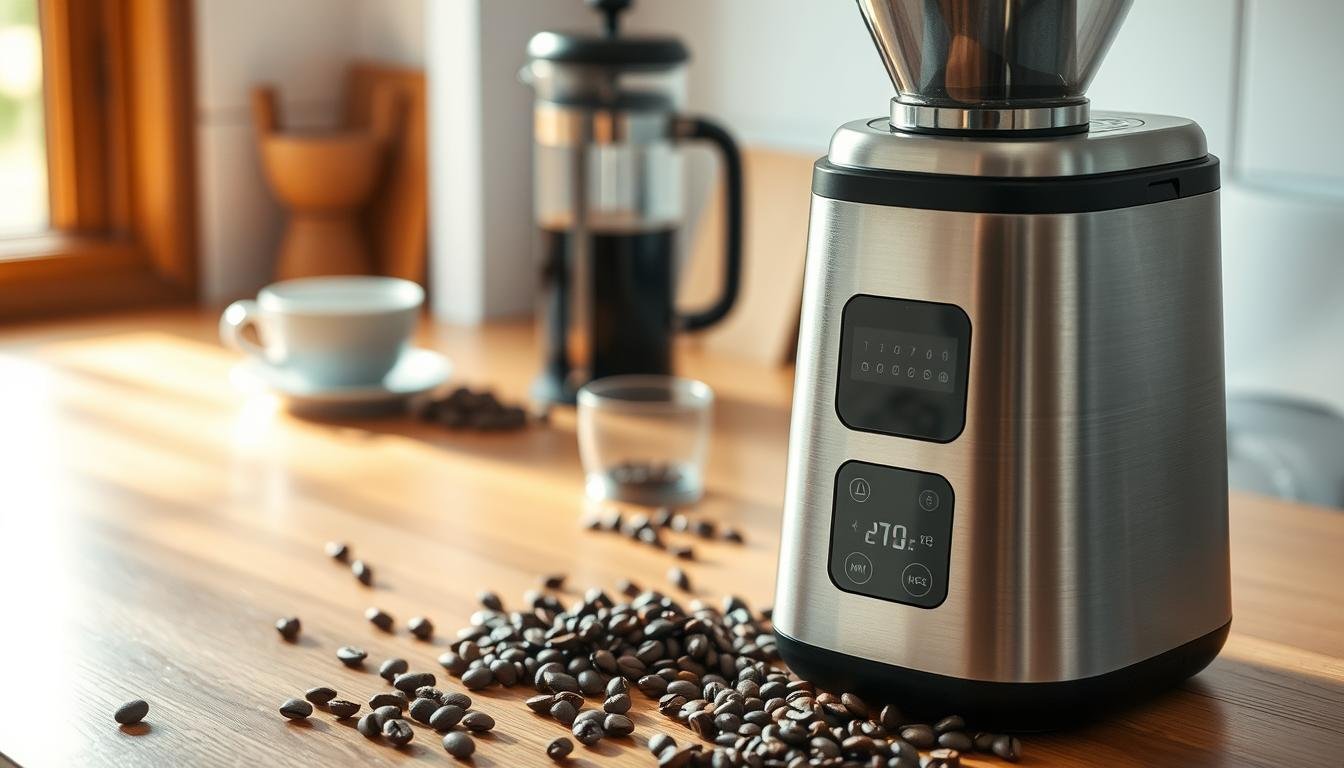 A high-quality electric coffee grinder (磨豆機) prominently featured in the foreground, showcasing its sleek metallic design and modern digital interface. The grinder is placed on a polished wooden kitchen counter, surrounded by scattered coffee beans, highlighting its purpose. In the middle ground, a blurred coffee brewing setup is visible, with a French press and a steaming cup of coffee, creating a warm and inviting atmosphere. The background features soft, natural light filtering through a window, casting gentle shadows and enhancing the textural details of the grinder's surface. The overall mood is one of sophistication and industry, emphasizing the technological advancements in high-end coffee grinding equipment.