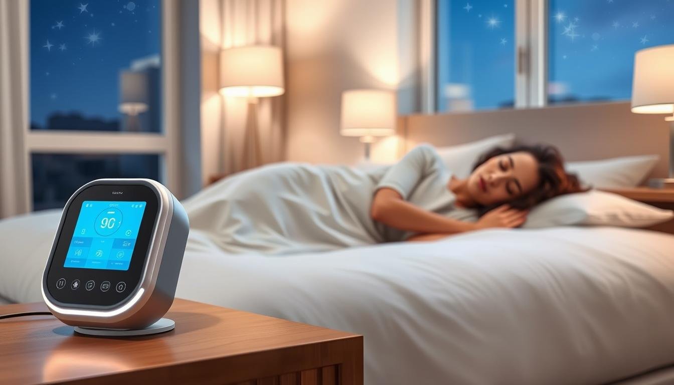 A modern, sleek intelligent breathing machine designed for sleep posture detection in a serene bedroom environment. In the foreground, the breathing machine is elegantly displayed on a bedside table, featuring a glowing interface and sensors that monitor the user’s position. The middle ground captures a cozy bed with crisp white sheets, neatly arranged pillows, and a blissfully sleeping person dressed in comfortable, modest sleepwear. The background includes soft, ambient lighting emanating from bedside lamps, creating a calming atmosphere. A window reveals a peaceful night sky with twinkling stars, enhancing the tranquil feel of the scene. The overall mood is soothing and peaceful, emphasizing the technology's role in enhancing sleep quality and health.