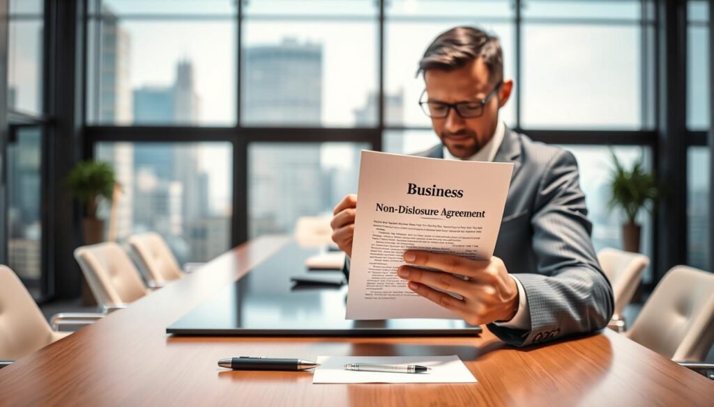 A sleek, modern office setting with a professional atmosphere. In the foreground, a well-dressed businessperson, focusing on a confidential document titled "Business Non-Disclosure Agreement" in their hands. The middle ground features a stylish conference table with a pen and a notepad, symbolizing the seriousness of signing such an agreement. In the background, large windows reveal a cityscape, hinting at corporate settings. Soft, natural daylight filters through the glass, creating a warm and inviting ambiance. The scene conveys trust, professionalism, and the importance of privacy in business relationships. The overall mood is serious yet optimistic, reflecting the significance of confidentiality in security partnerships.