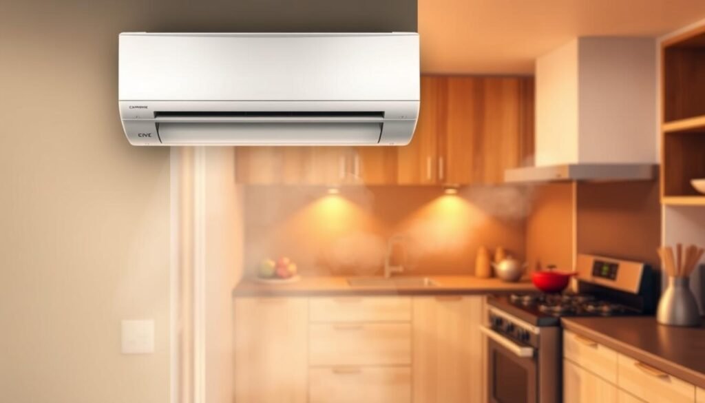 A detailed illustration showing the installation of a split-type air conditioning unit in an open kitchen environment, focusing on the impact of grease fumes and heat sources on its placement. In the foreground, depict the air conditioning unit mounted on a wall, with attention to its sleek design. The middle ground features a modern kitchen with a cooking area emitting visible grease vapors, illustrated with a soft, smoky quality. In the background, include heat sources like an oven and stove, subtly highlighting their positions. Use warm, ambient lighting to create a realistic kitchen atmosphere. Capture the scene from a slightly elevated angle to provide an overview, portraying the relationship between the cooking area and the air conditioning unit. The mood should be practical yet inviting, ideal for a home setting.