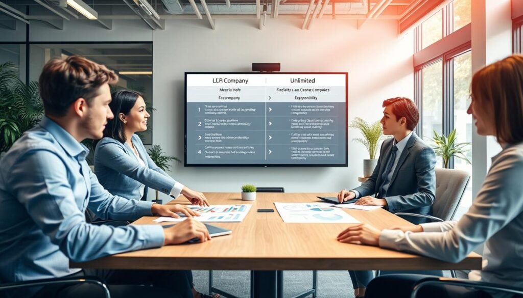 A professional business meeting scene illustrating the concept of choosing between a limited company and an unlimited company. In the foreground, a diverse group of three business individuals, dressed in smart professional attire, are engaged in discussion, pointing at graphs and charts on a conference table. The middle ground features a large wall-mounted screen displaying a side-by-side comparison of the two company types, with bullet points highlighting key differences in legal responsibilities. In the background, a modern office setting with large windows letting in natural light, plants, and tasteful decor enhances the atmosphere of professionalism and decision-making. The lighting is bright and inviting, adding a sense of clarity and focus to the scene, while the angle captures both the participants and the informational display prominently.