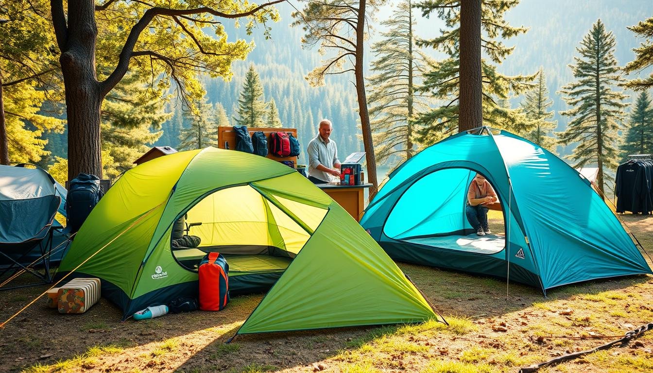 A vibrant and inviting scene showcasing outdoor camping gear focusing on tents, specifically highlighting the concept of American purchasing recommendations. In the foreground, display a well-set-up camping tent in soothing colors like green and blue, surrounded by essential camping accessories such as backpacks and portable chairs. In the middle ground, show a friendly service representative in modest casual attire assisting a customer, with a warm smile, surrounded by neatly organized products. The background should feature a beautiful natural landscape, such as a serene forest or a peaceful lake, under soft, warm sunlight filtering through the trees. Use a slightly elevated angle to capture the scene's depth and tranquility, creating a cheerful and inviting mood for outdoor enthusiasts considering American purchasing options.