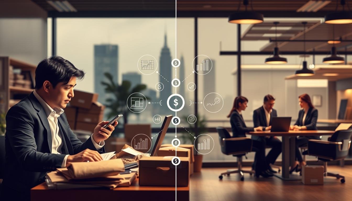 An informative and engaging infographic illustrating the differences and risks between personal and corporate American purchasing agents. In the foreground, depict two contrasting scenarios: on one side, a person in professional business attire using a smartphone, representing a personal purchasing agent, with a focused expression and a cluttered desk filled with packages; on the opposite side, a group of individuals in formal attire collaborating at a modern office with charts and digital devices, symbolizing a corporate purchasing platform. In the middle, a clear dividing line with icons representing key differences (such as risk icons, trust symbols, and financial graphs) visually separating the two scenarios. The background should include subtle elements of an American cityscape, creating an atmosphere of professionalism and commerce. Soft lighting with a warm tone should enhance the overall mood, conveying a sense of serious business engagement.