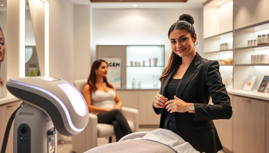 A modern aesthetic clinic interior featuring a sleek, high-tech professional device designed for breast enhancement treatments. In the foreground, a confident practitioner in professional business attire demonstrates the device to a patient seated comfortably in a treatment chair. The device emits a soft glow, highlighting its advanced features. In the middle ground, a serene atmosphere is created with soft, ambient lighting and neutral-toned decor, fostering a sense of calm and professionalism. In the background, shelves lined with skincare products and educational materials about breast health subtly enhance the clinical environment. The overall mood is one of empowerment and innovation in beauty technology, emphasizing the role of professional equipment in addressing breast enhancement concerns.