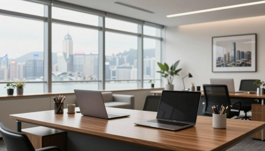 A modern office space for rent in Causeway Bay, showcasing a sleek and professional design. In the foreground, a polished wooden desk is adorned with contemporary office supplies and a laptop, accompanied by a framed cityscape view. In the middle, large, bright windows allow natural light to flood the room, illuminating minimalist furniture and stylish decor elements that reflect a corporate atmosphere. The background features a skyline vista of Causeway Bay, emphasizing the premium location. The image captures a clean, vibrant setting with a focus on productivity and modernity. Soft lighting enhances the inviting mood, while a shallow depth of field adds a touch of elegance. The scene conveys a sense of opportunity and professionalism, free of any captions or distractions.