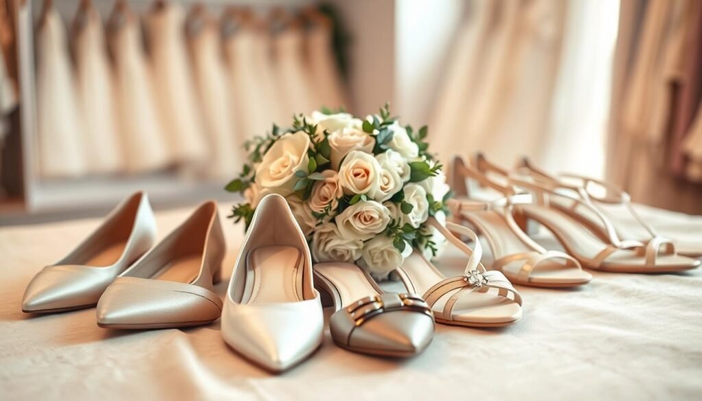 A beautiful display of affordable wedding shoes arranged elegantly on a soft, neutral-toned fabric. The foreground features a variety of elegant designs, including classic pointed-toe flats, stylish block heels, and delicate strappy sandals, showcasing different materials like satin, lace, and leather. In the middle, a lovely bouquet of white roses and greenery enhances the romantic atmosphere, creating a harmonious pairing with the shoes. The background is softly blurred, suggesting a light-filled bridal boutique ambiance, filled with warm, diffused lighting that highlights the textures and colors of the shoes. The mood is inviting and joyful, embodying the excitement of wedding preparations. Tailored for a sophisticated audience seeking affordable options, the image captures the essence of practicality without compromising style.