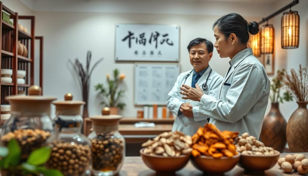 A serene traditional Chinese medicine clinic interior featuring a practitioner in professional attire examining a patient’s skin, depicting the treatment process for eczema. In the foreground, a calming herbal medicine display with various jars and dried herbs. The middle section shows the practitioner discussing treatment methods like acupuncture and herbal remedies, using visual aids like diagrams of skin types. The background includes soft, ambient lighting with traditional Chinese decor, like calligraphy and wooden accents, creating a peaceful atmosphere. The image should be bright and balanced, capturing the essence of holistic healing and care for eczema, emphasizing a gentle and reassuring mood.