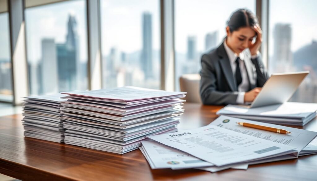 A visually appealing and informative image portraying the required documents for the "Hong Kong Talent Scheme." In the foreground, a collection of official documents neatly arranged, including application forms and identification, displayed on a sleek, modern wooden desk. The middle ground features a professional-looking individual in business attire, focused on reviewing the paperwork, showcasing a sense of professionalism and purpose. In the background, a softly blurred office setting with a city skyline view through large windows, symbolizing opportunity and growth in Hong Kong. The lighting is bright and natural, enhancing the clarity of the documents and the atmosphere of optimism. The overall mood is one of ambition and professionalism, perfect for illustrating the essence of the talent scheme.