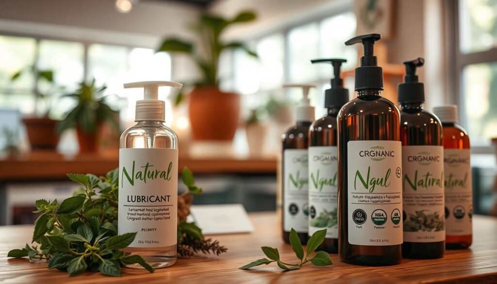 A well-organized display showcasing natural and organic labels on lubricant products. In the foreground, a sleek, eco-friendly lubricant bottle is prominently featured, adorned with clear labels emphasizing its natural ingredients, surrounded by fresh herbs and botanical illustrations that represent purity. In the middle ground, a soft-focus view of a wooden countertop highlights additional lubricant options, each distinctly labeled with organic certifications. The background features a softly lit, calming space with potted plants and warm, natural light filtering through a window, creating a serene and informative atmosphere. The overall mood is informative and inviting, encouraging viewers to consider the importance of ingredient transparency in personal care products. The perspective is slightly angled, showcasing depth while maintaining clarity.